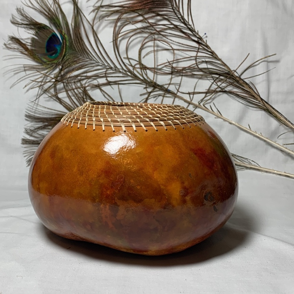Hand Crafted Gourd Vase w/ Woven Pine Needle Accent - Picture 3 of 7